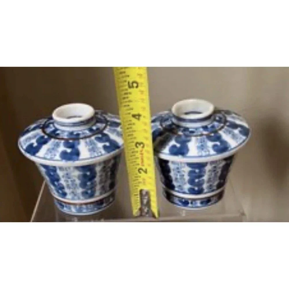 Chinese Blue White Porcelain Gaiwan Tea Cups Longevity Character Set 6pcs VTG
